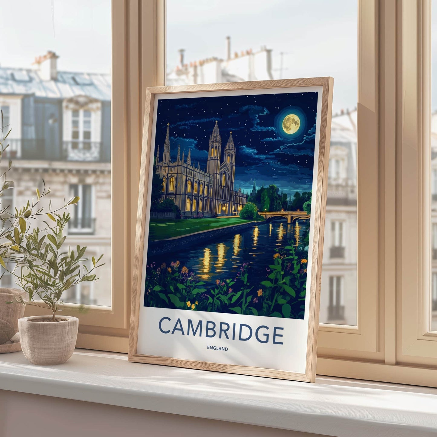 Cambridge Poster - England Travel Art - Moonlit River College Wall Decor