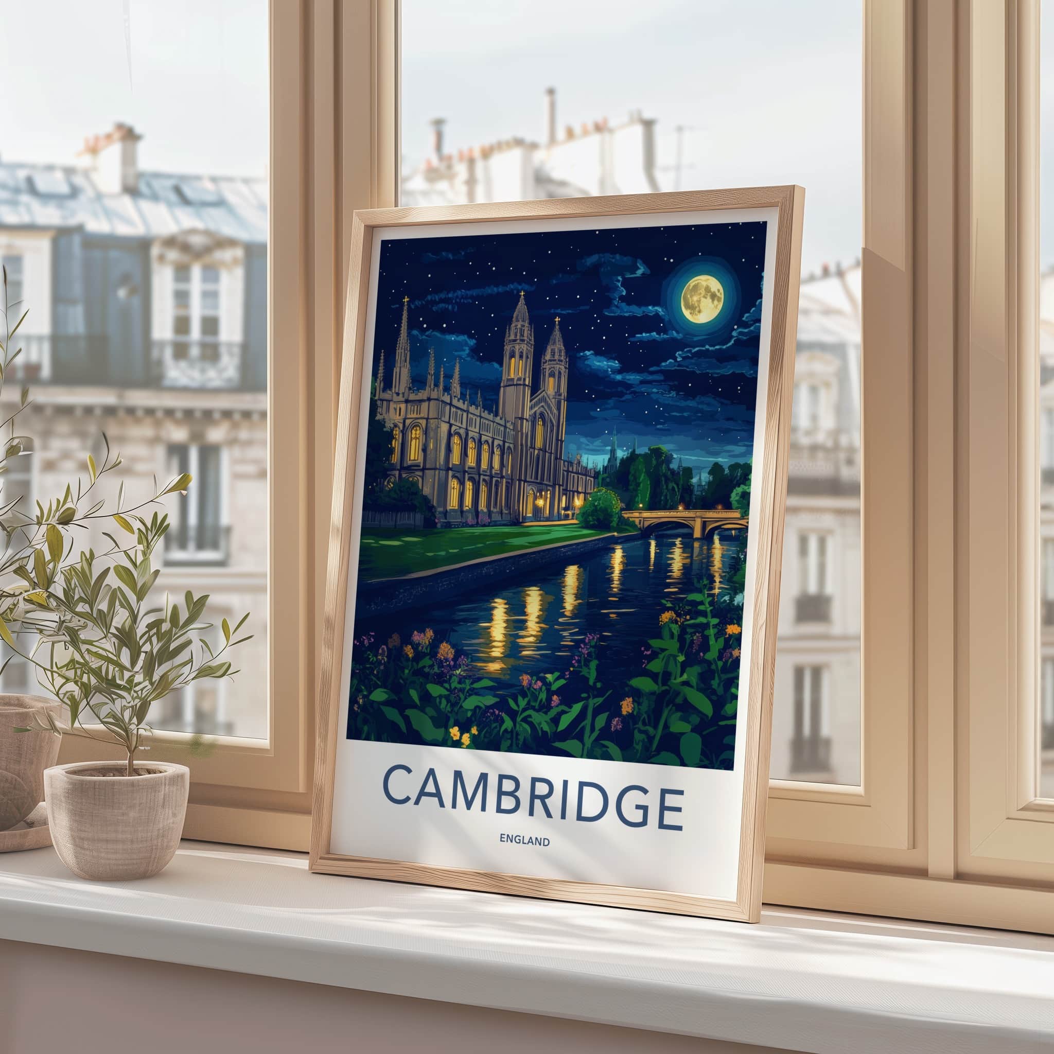 Cambridge Poster - England Travel Art - Moonlit River College Wall Decor