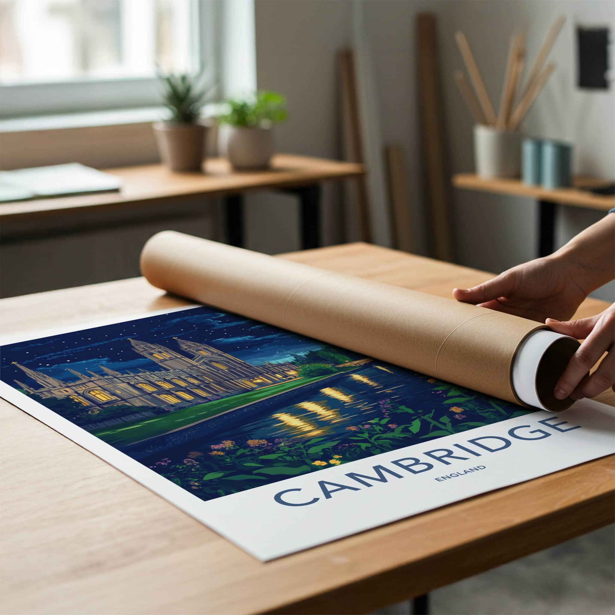 Cambridge Poster - England Travel Art - Moonlit River College Wall Decor