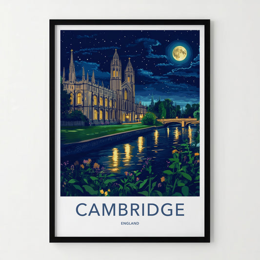 Cambridge Poster - England Travel Art - Moonlit River College Wall Decor