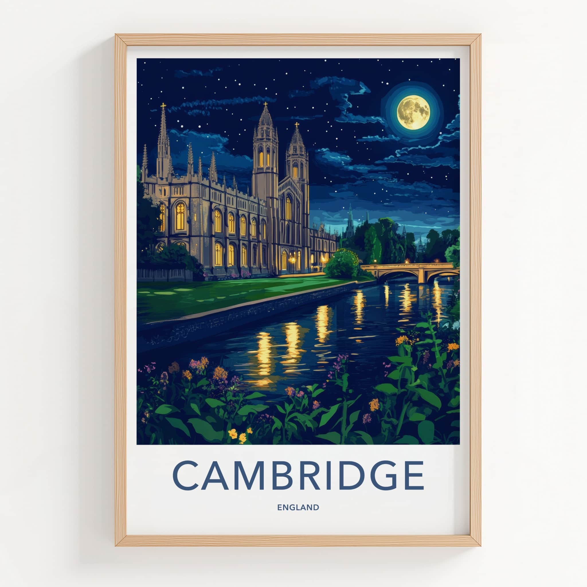 Cambridge Poster - England Travel Art - Moonlit River College Wall Decor