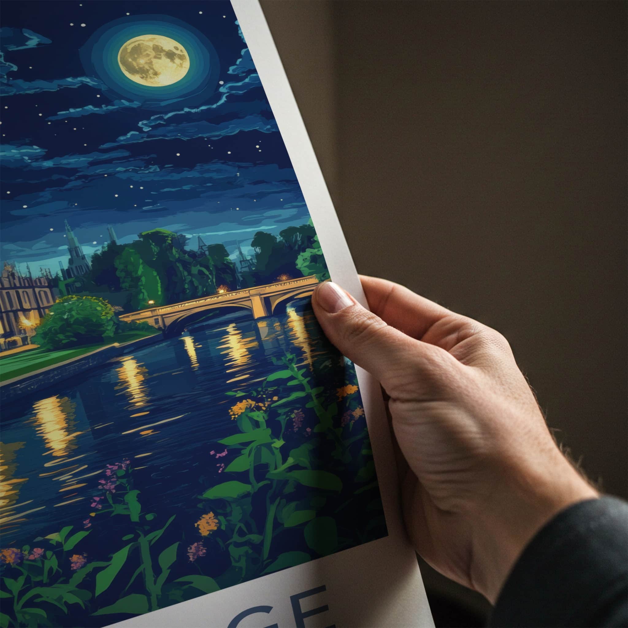Cambridge Poster - England Travel Art - Moonlit River College Wall Decor
