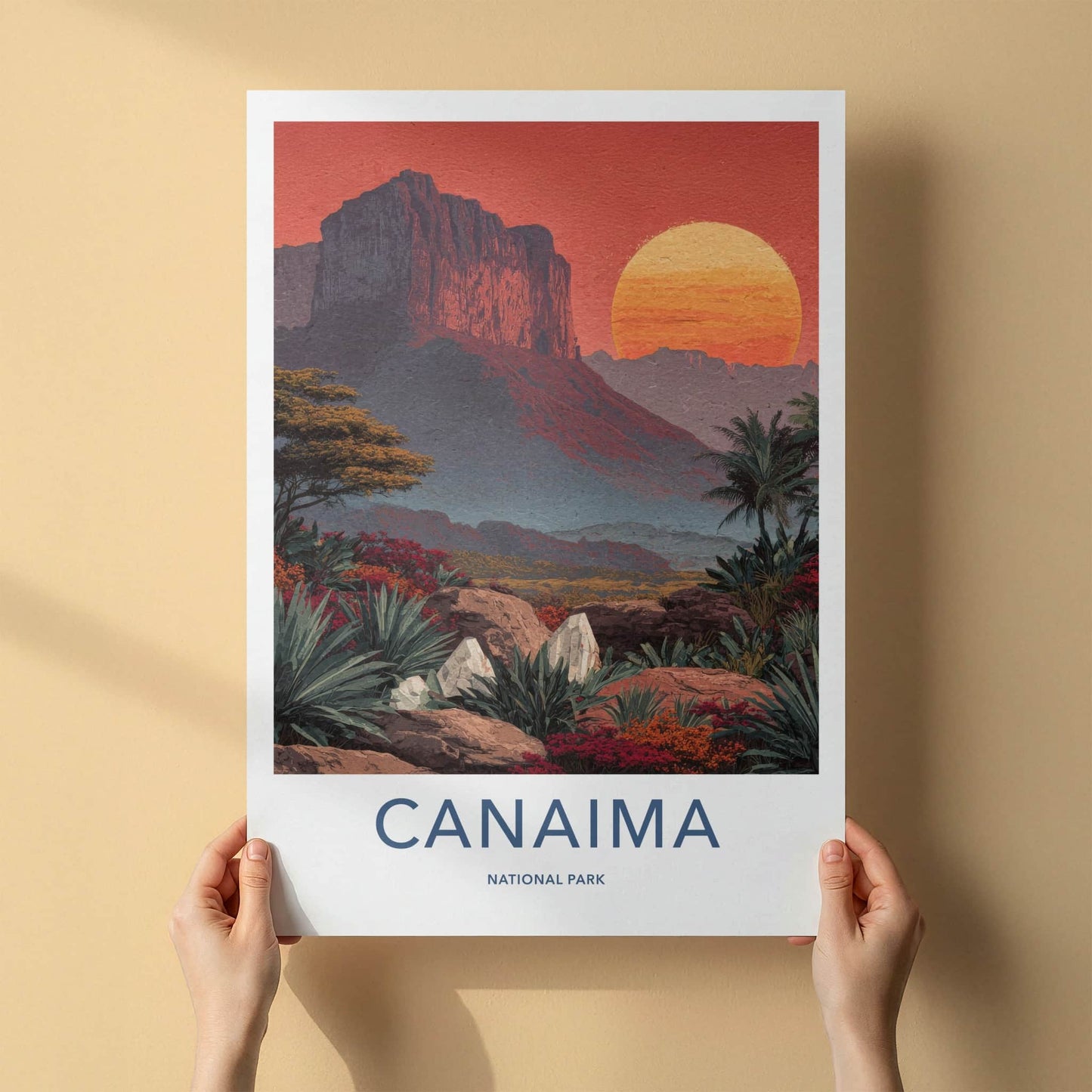 Canaima Poster - Venezuela Travel Art - Sunset Mountain Plants Home Decor