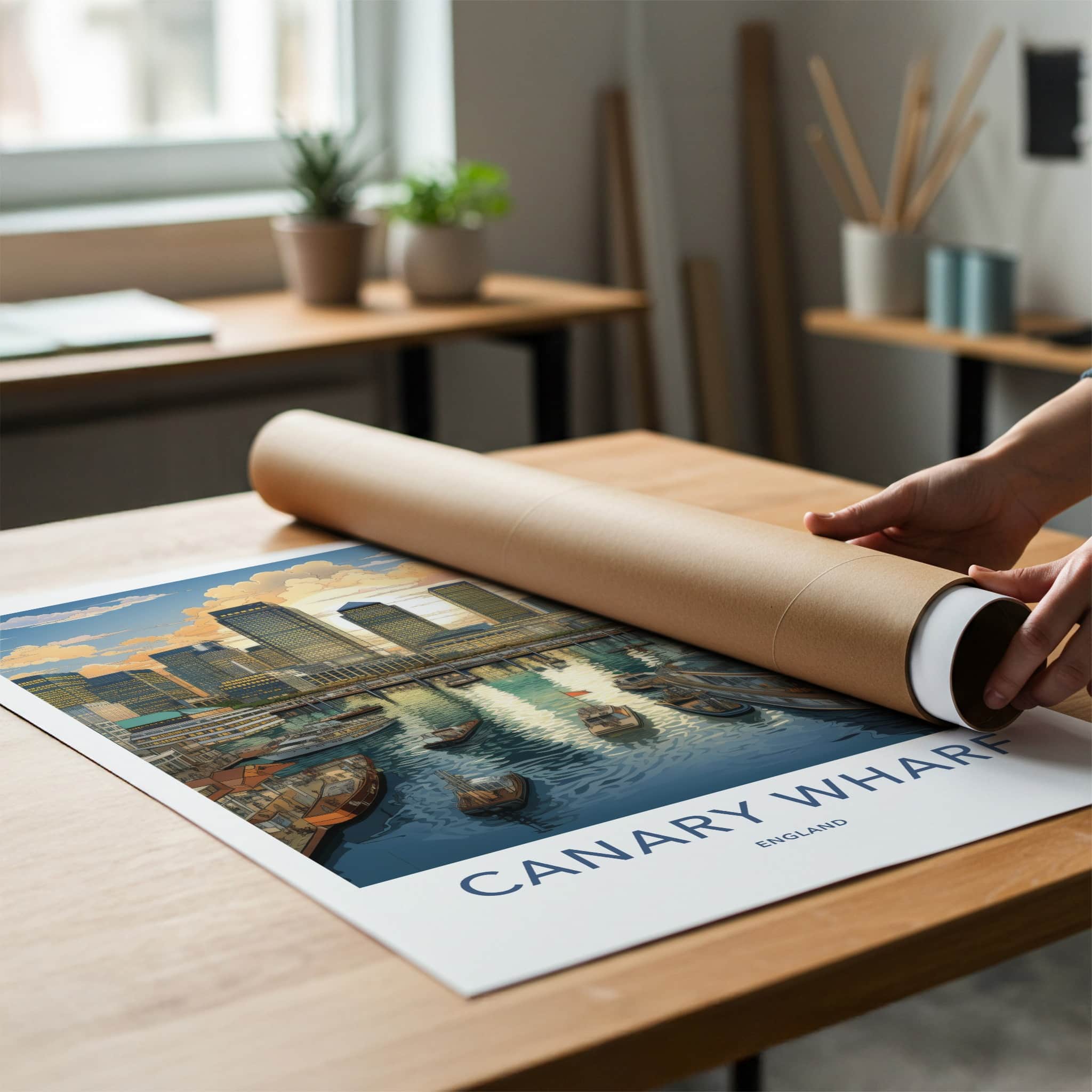 Canary Wharf Poster - England Travel Art - Golden Hour Marina Home Decor