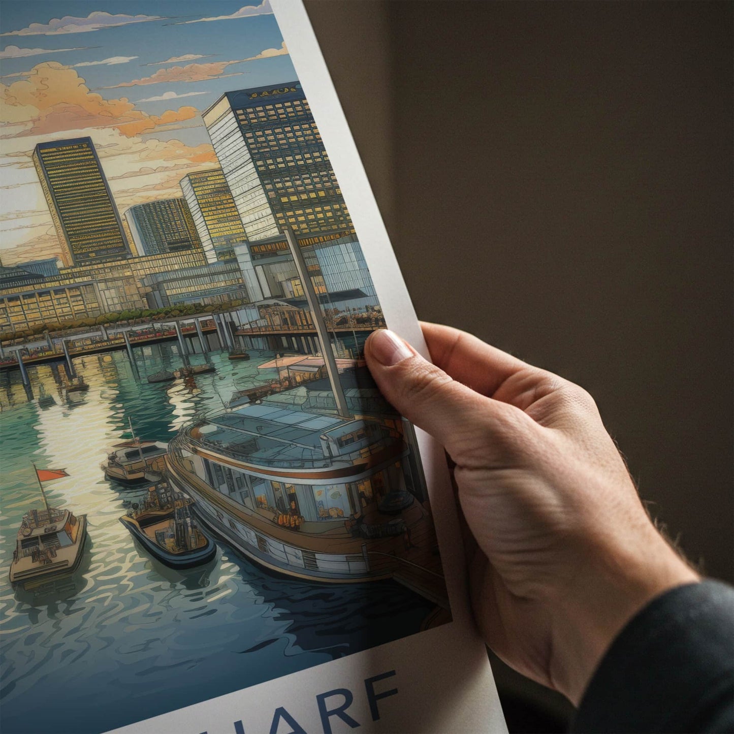Canary Wharf Poster - England Travel Art - Golden Hour Marina Home Decor