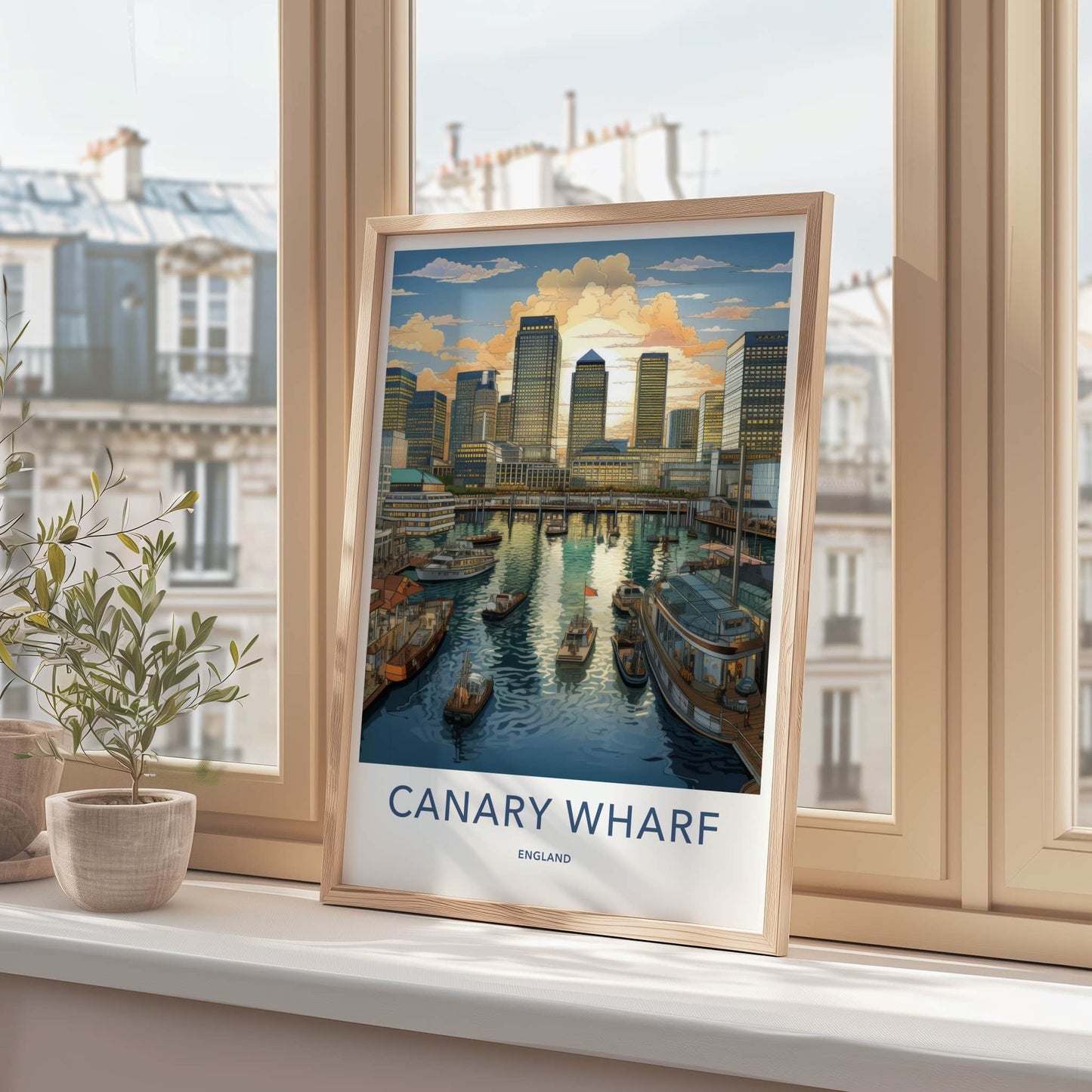 Canary Wharf Poster - England Travel Art - Golden Hour Marina Home Decor