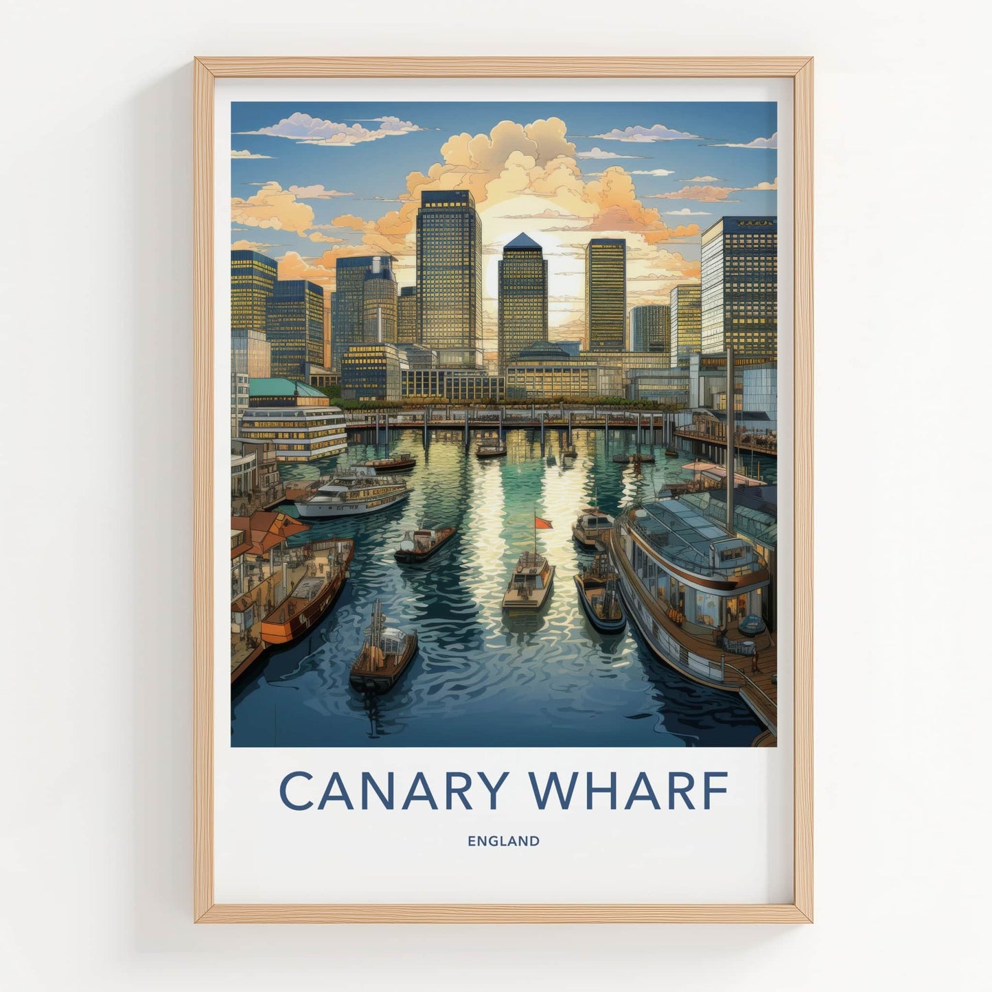 Canary Wharf Poster - England Travel Art - Golden Hour Marina Home Decor