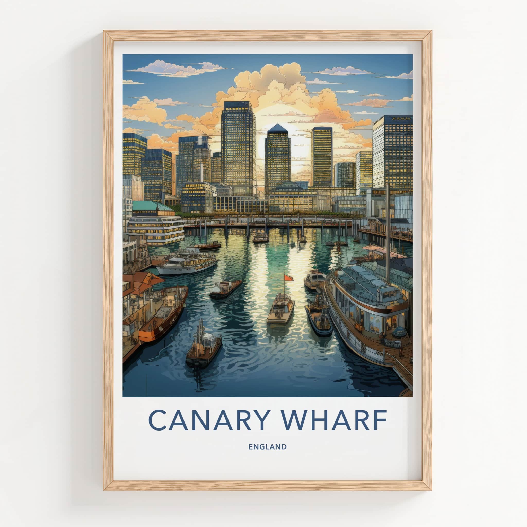 Canary Wharf Poster - England Travel Art - Golden Hour Marina Home Decor