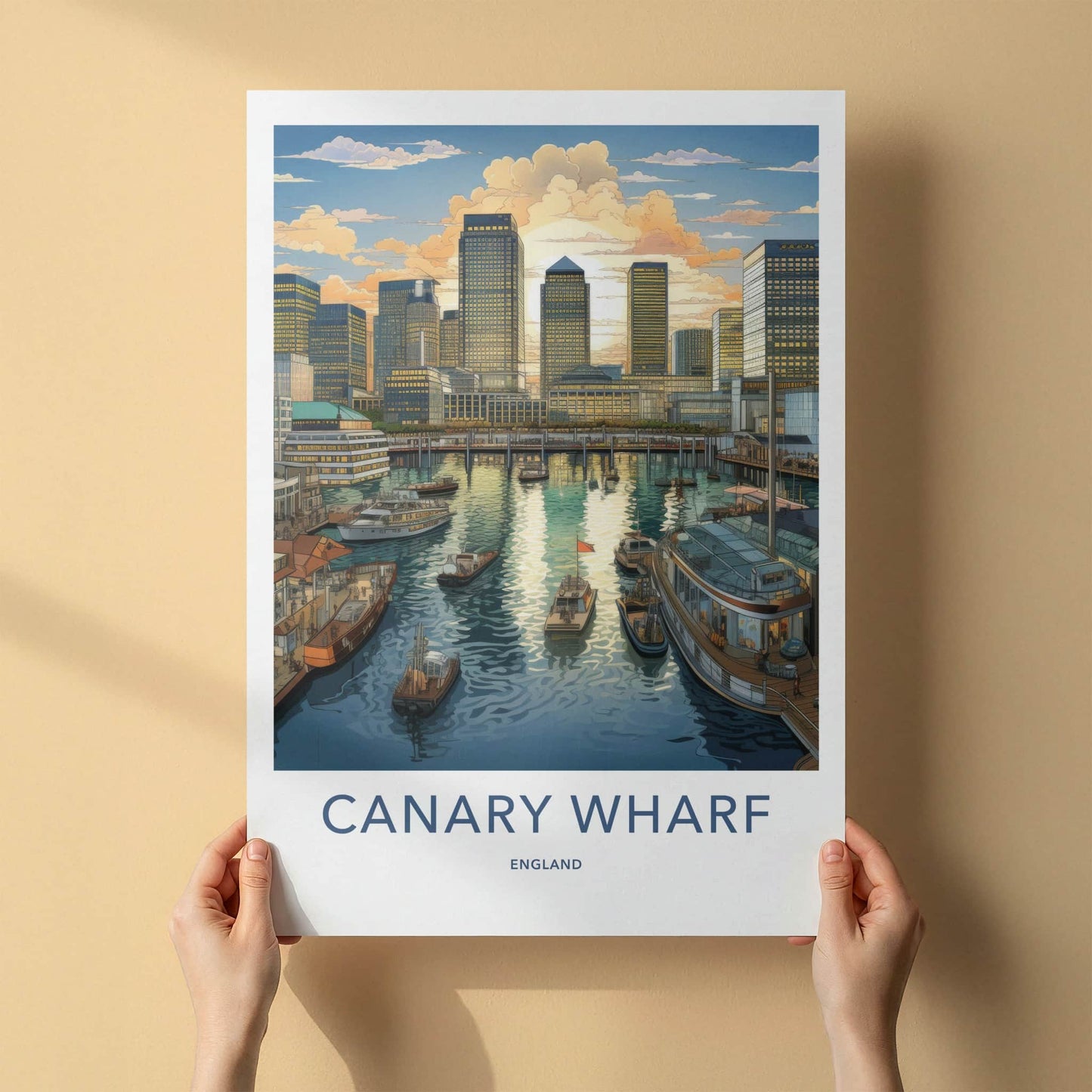 Canary Wharf Poster - England Travel Art - Golden Hour Marina Home Decor