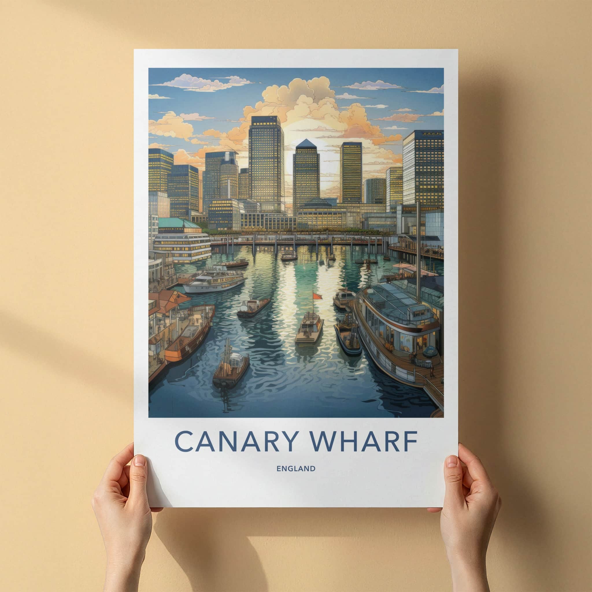 Canary Wharf Poster - England Travel Art - Golden Hour Marina Home Decor