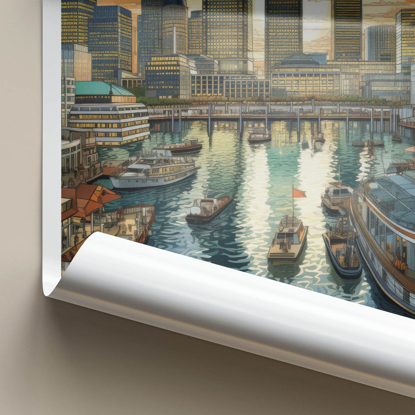 Canary Wharf Poster - England Travel Art - Golden Hour Marina Home Decor