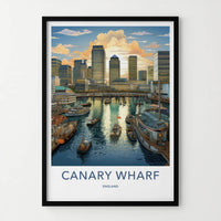 Canary Wharf Poster - England Travel Art - Golden Hour Marina Home Decor