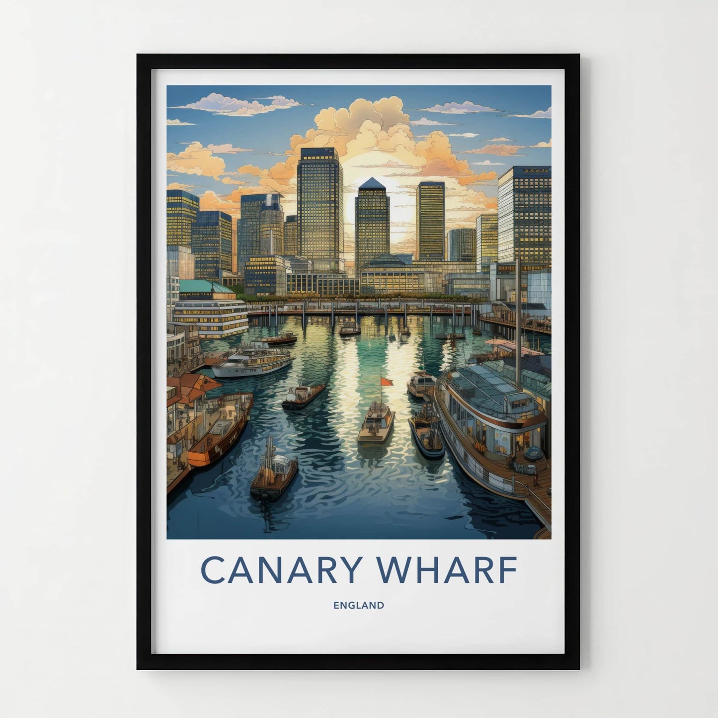 Canary Wharf Poster - England Travel Art - Golden Hour Marina Home Decor