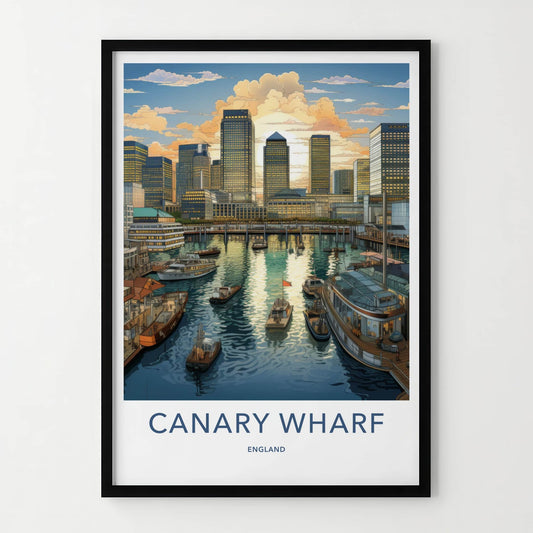 Canary Wharf Poster - England Travel Art - Golden Hour Marina Home Decor