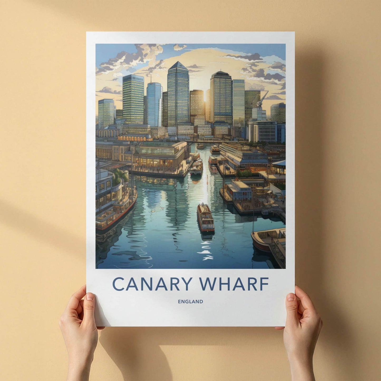 Canary Wharf Poster - England Travel Art - Skyscraper Waterfront View Home Decor