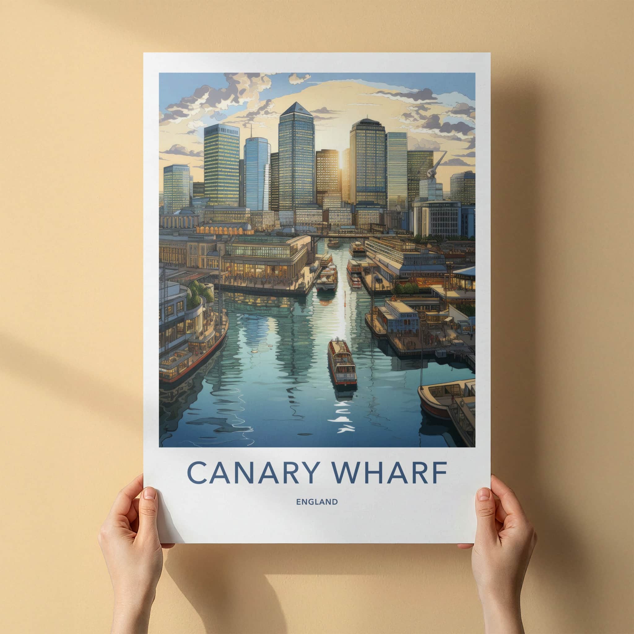 Canary Wharf Poster - England Travel Art - Skyscraper Waterfront View Home Decor