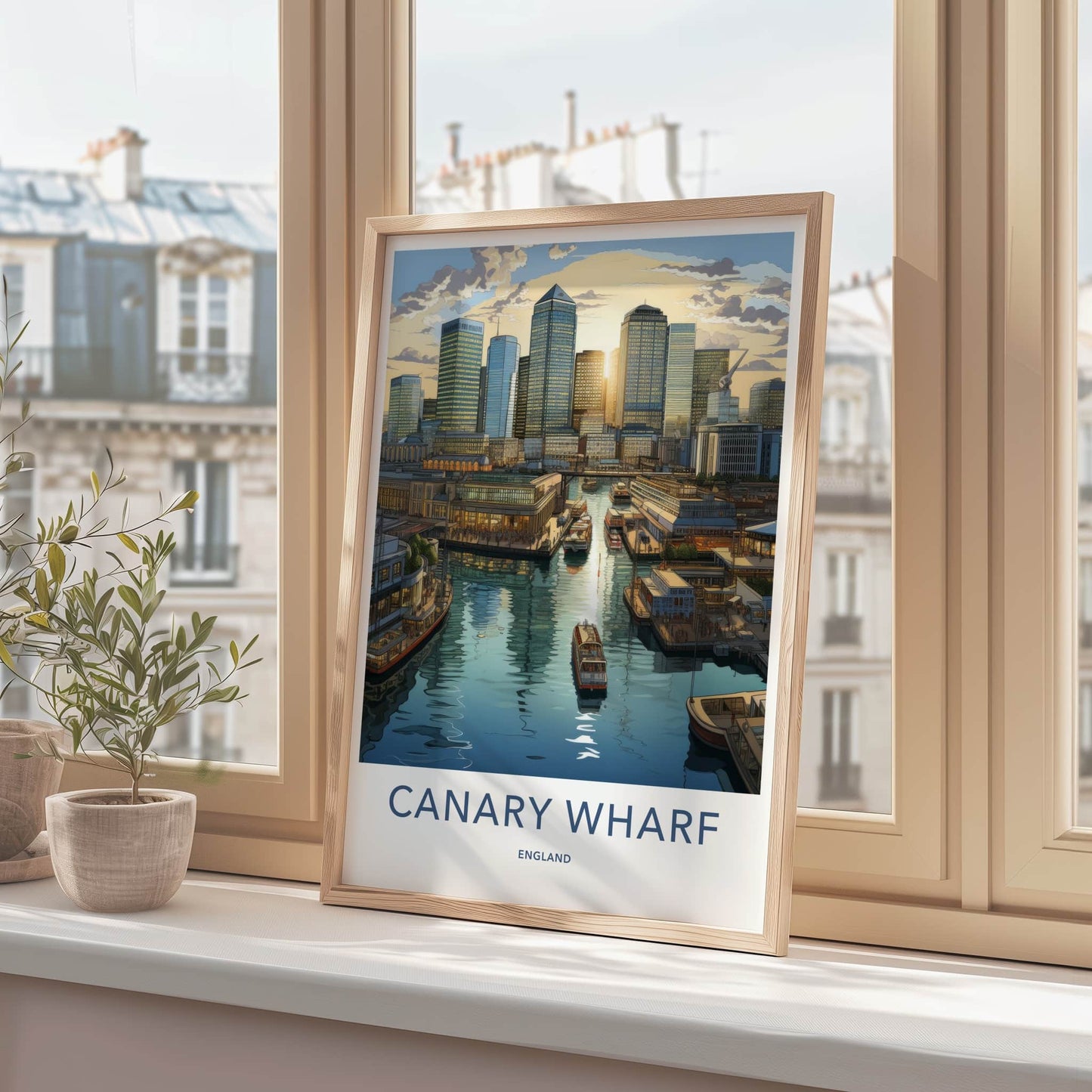 Canary Wharf Poster - England Travel Art - Skyscraper Waterfront View Home Decor