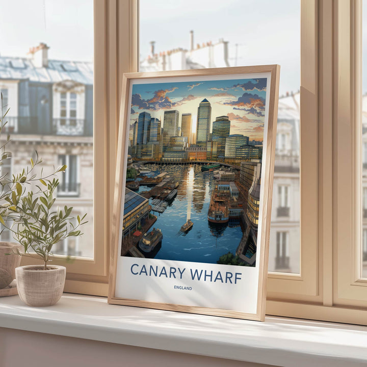 Canary Wharf Poster - England Travel Art - Urban Sunset Harbor Wall Decor