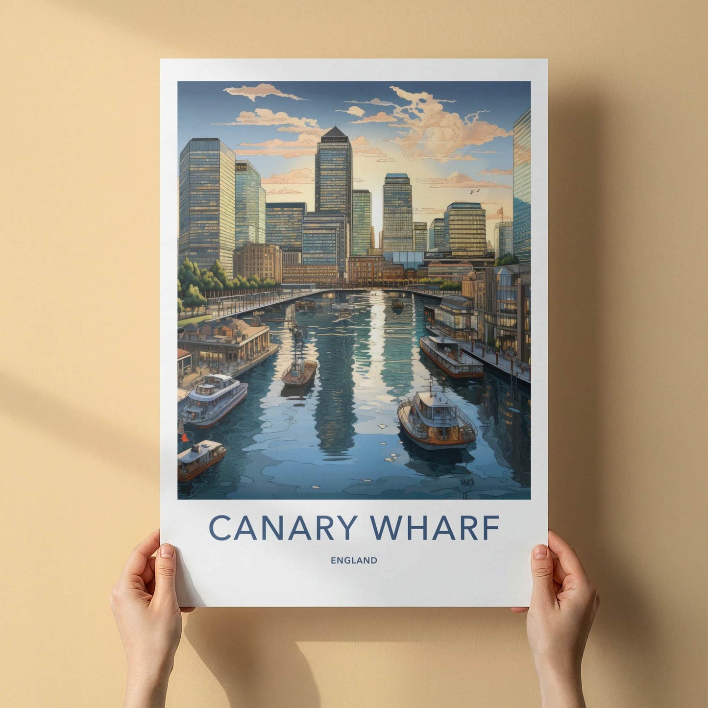 Canary Wharf Poster - England Travel Art - Urban Waterfront Sunset Wall Decor