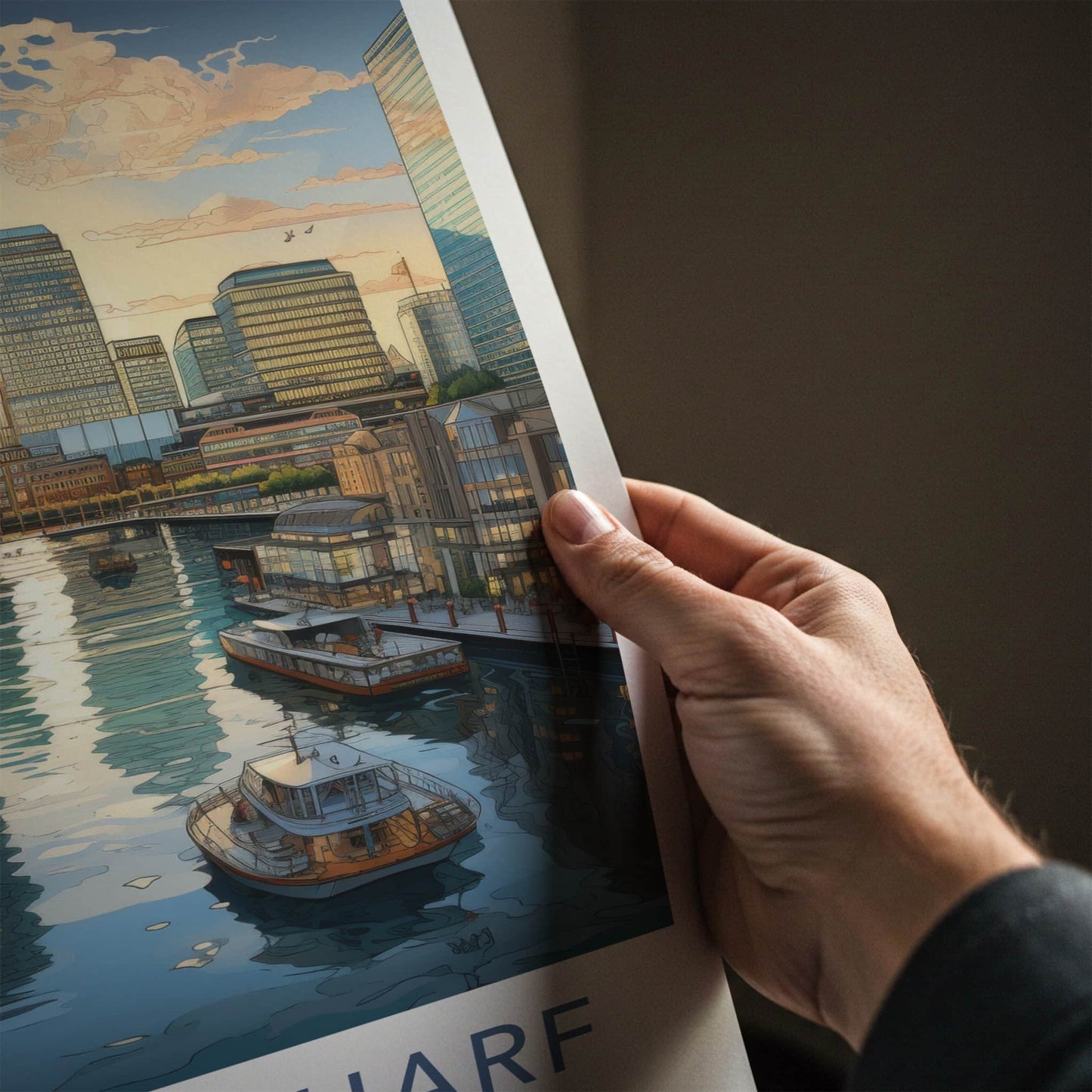 Canary Wharf Poster - England Travel Art - Urban Waterfront Sunset Wall Decor