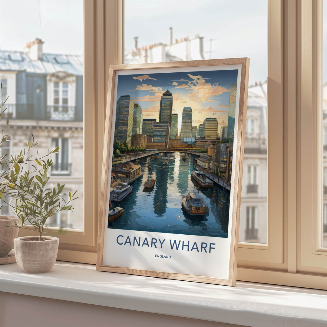 Canary Wharf Poster - England Travel Art - Urban Waterfront Sunset Wall Decor