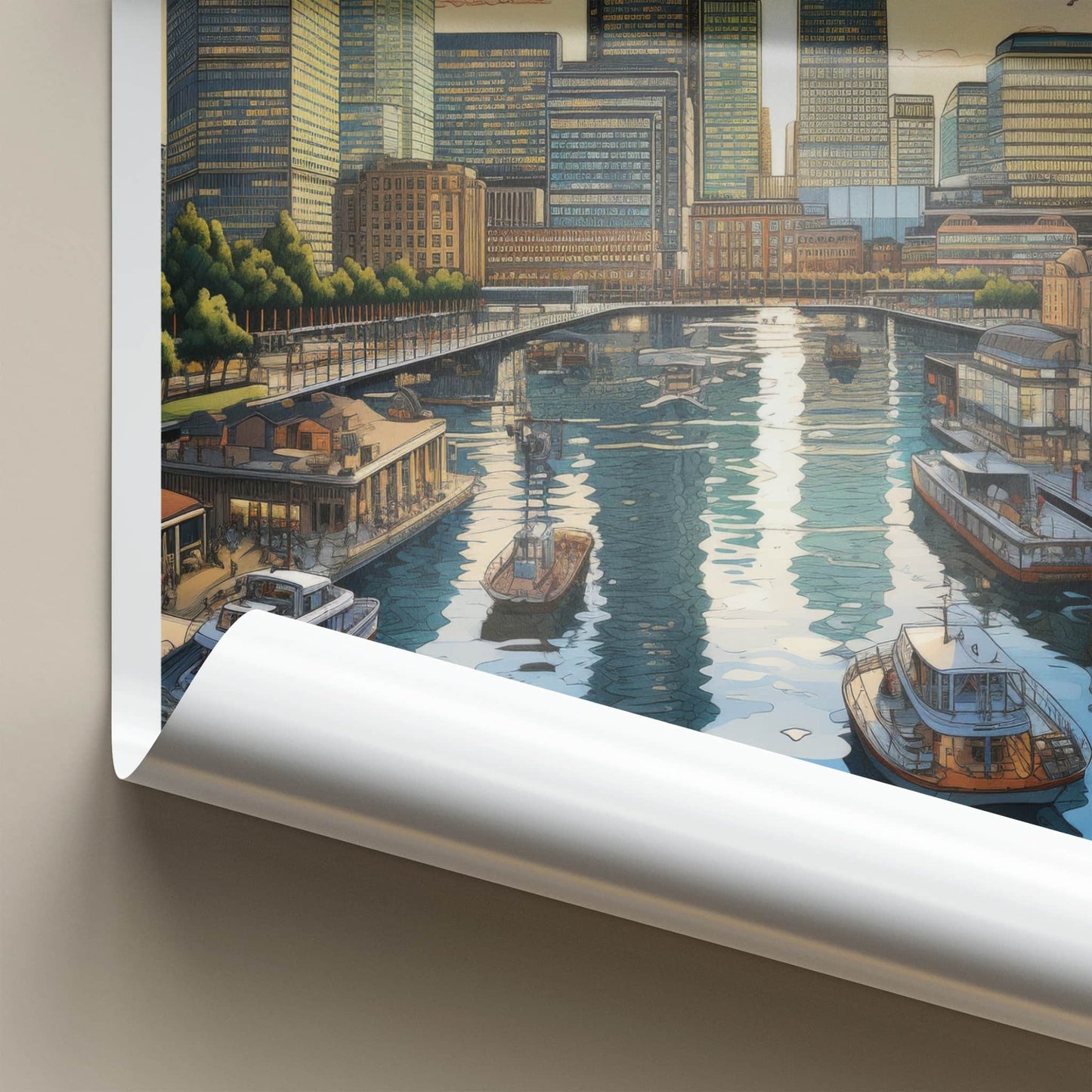 Canary Wharf Poster - England Travel Art - Urban Waterfront Sunset Wall Decor