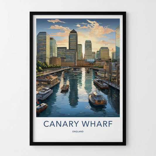 Canary Wharf Poster - England Travel Art - Urban Waterfront Sunset Wall Decor