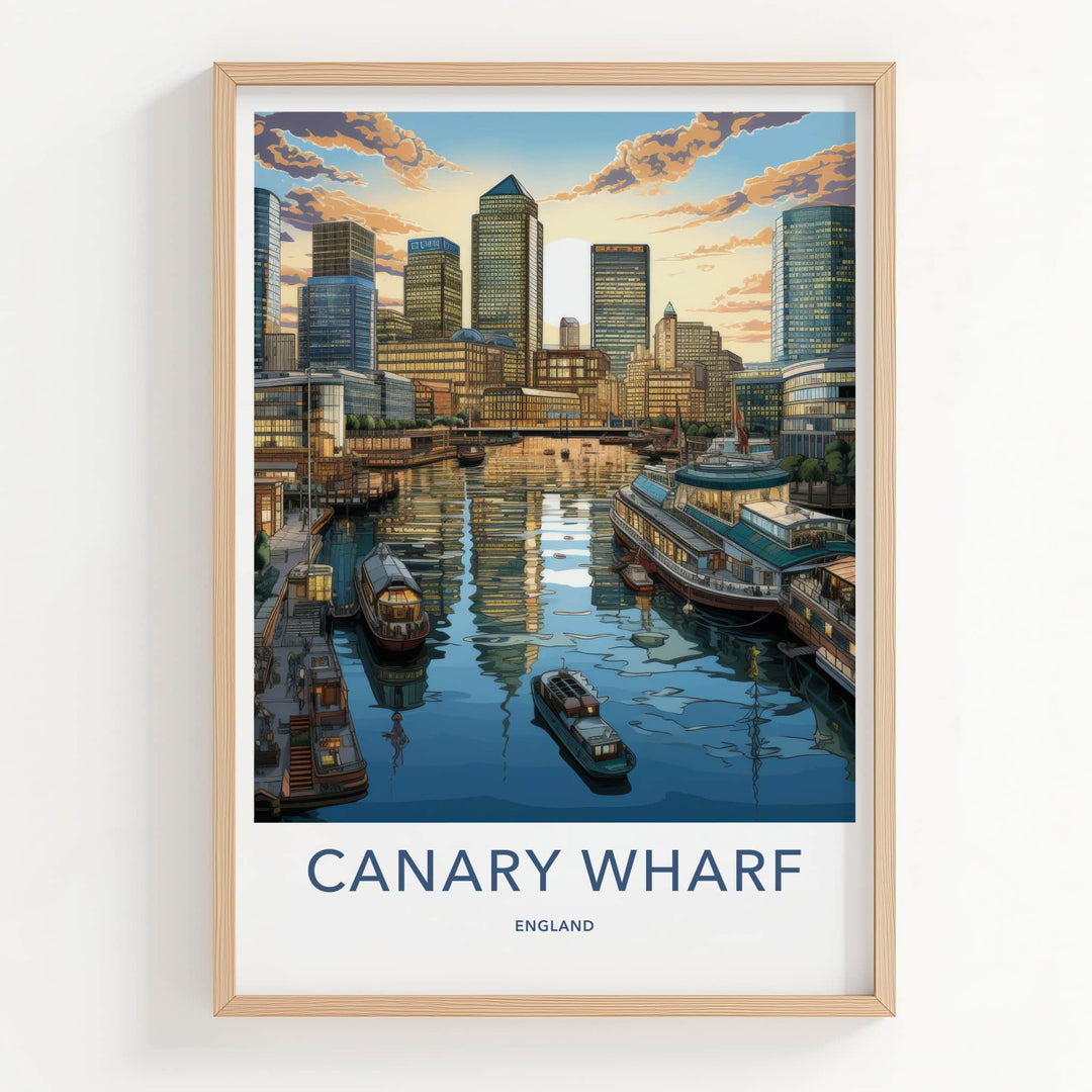 Canary Wharf Poster - England Travel Art - Waterfront Sunset Skyline Wall Decor