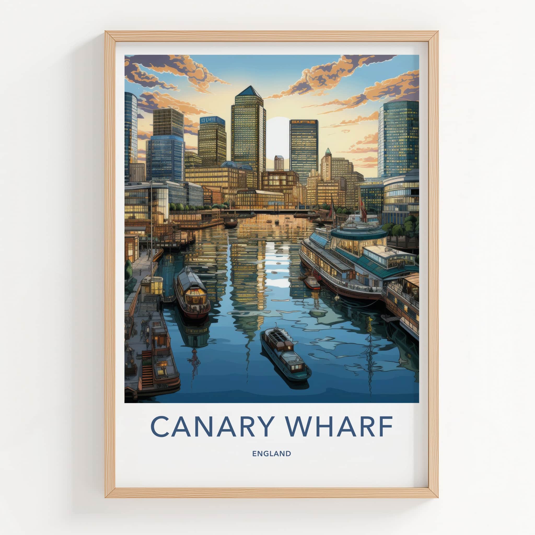Canary Wharf Poster - England Travel Art - Waterfront Sunset Skyline Wall Decor