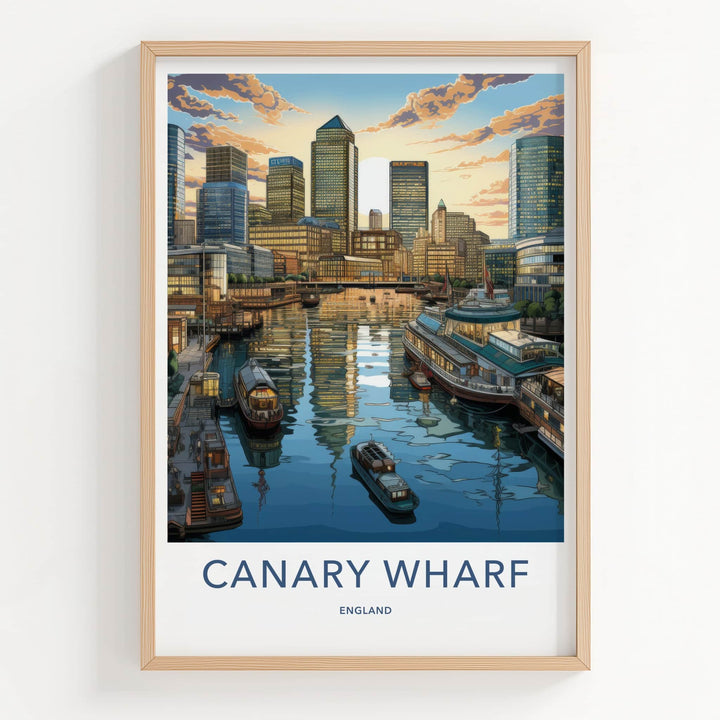 Canary Wharf Poster - England Travel Art - Waterfront Sunset Skyline Wall Decor