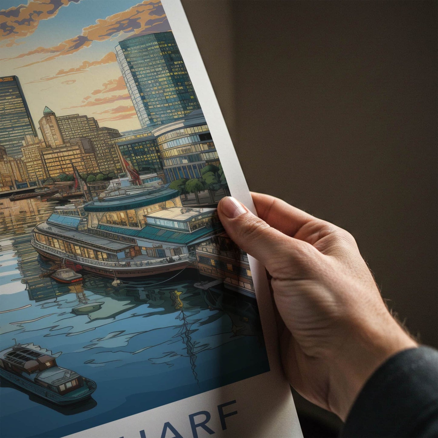 Canary Wharf Poster - England Travel Art - Waterfront Sunset Skyline Wall Decor