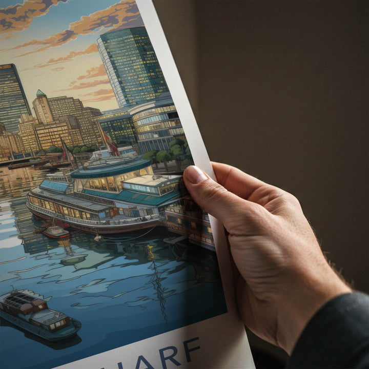 Canary Wharf Poster - England Travel Art - Waterfront Sunset Skyline Wall Decor