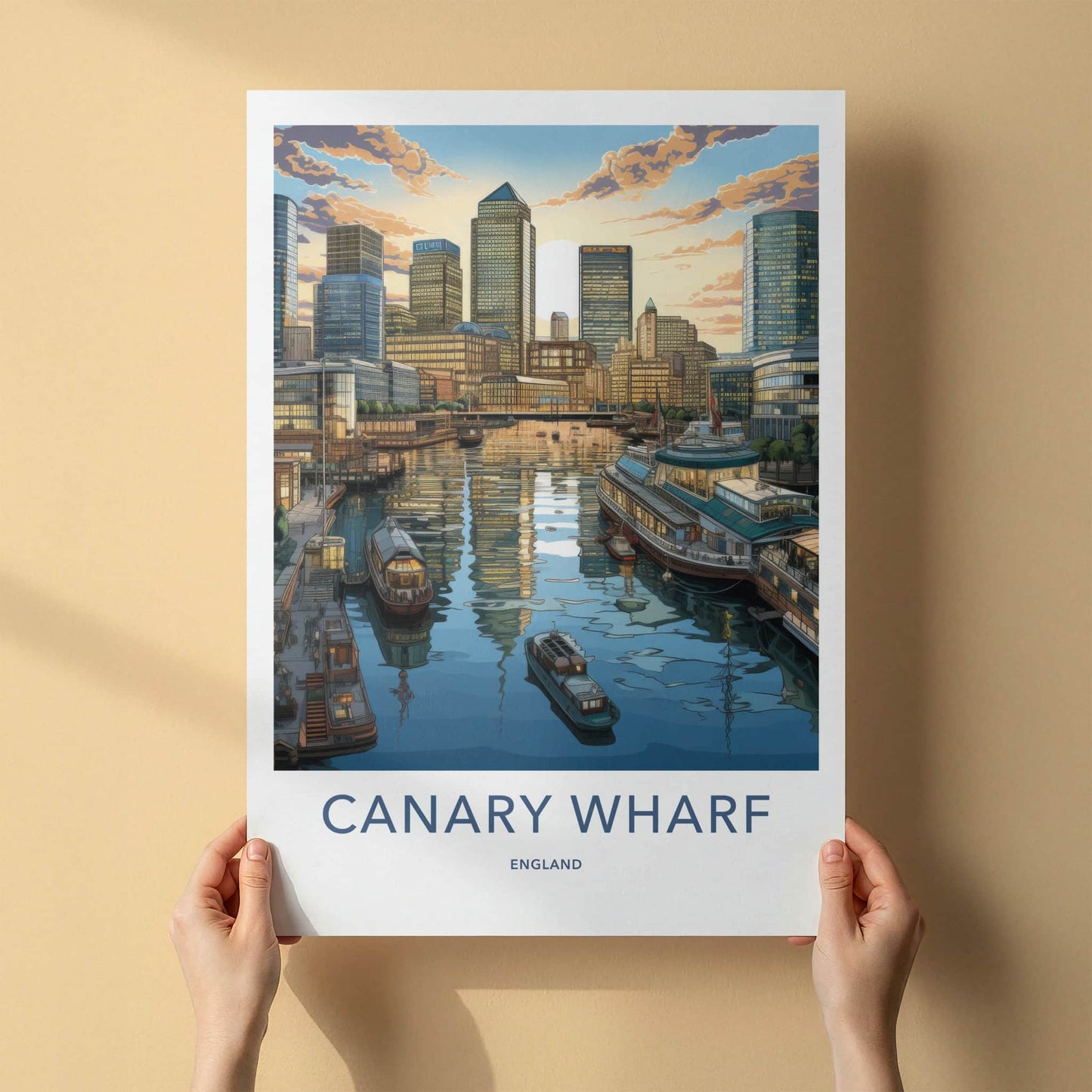 Canary Wharf Poster - England Travel Art - Waterfront Sunset Skyline Wall Decor
