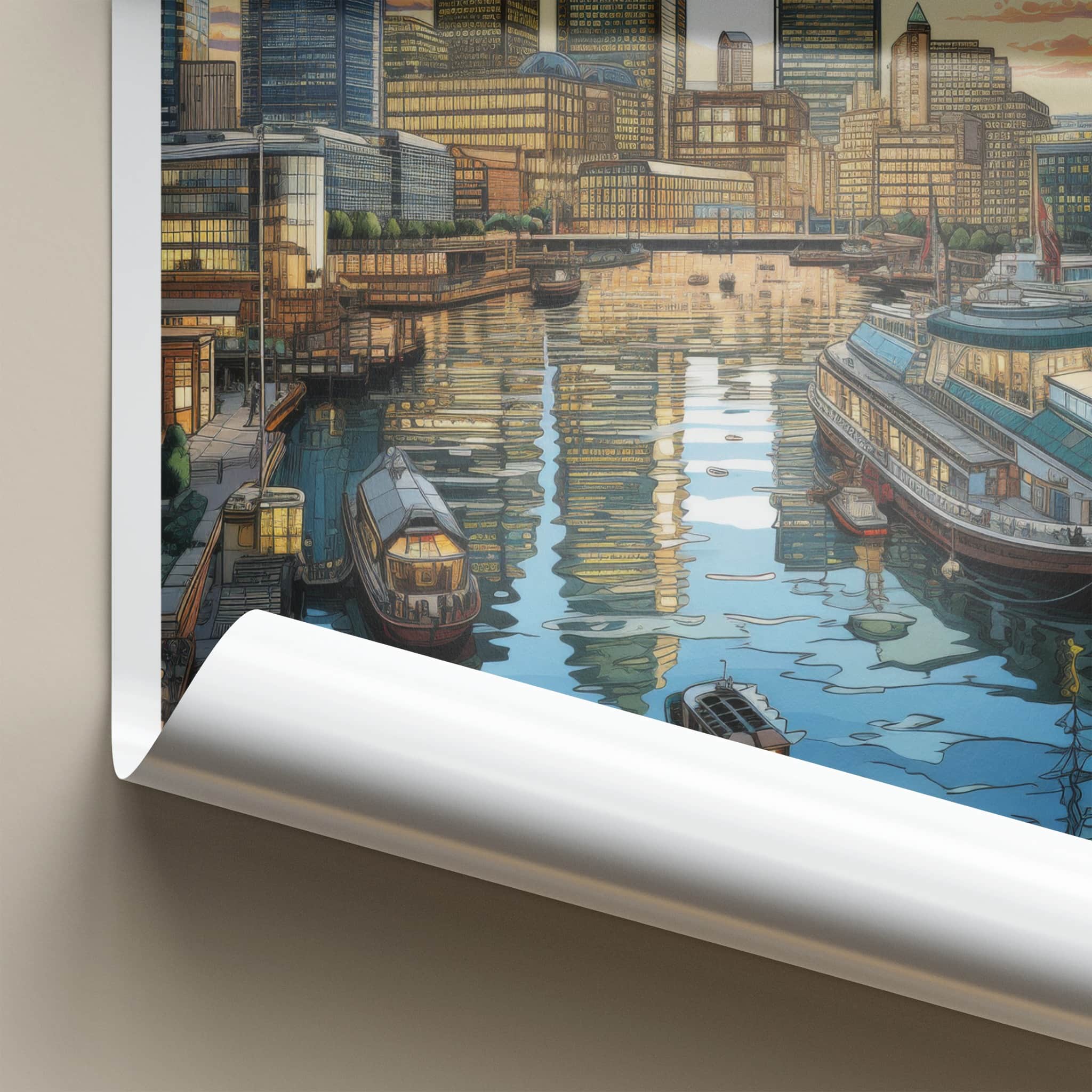 Canary Wharf Poster - England Travel Art - Waterfront Sunset Skyline Wall Decor