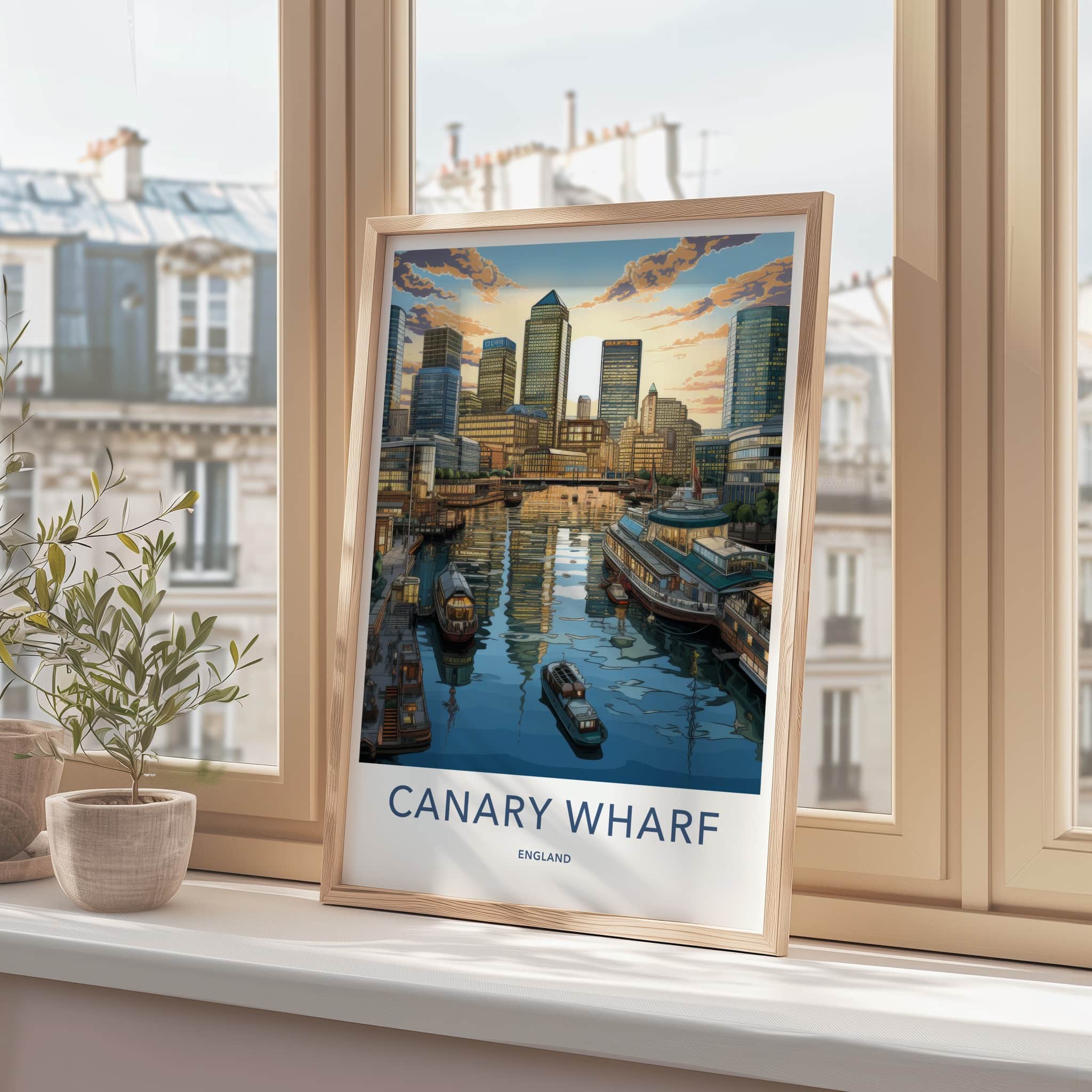 Canary Wharf Poster - England Travel Art - Waterfront Sunset Skyline Wall Decor