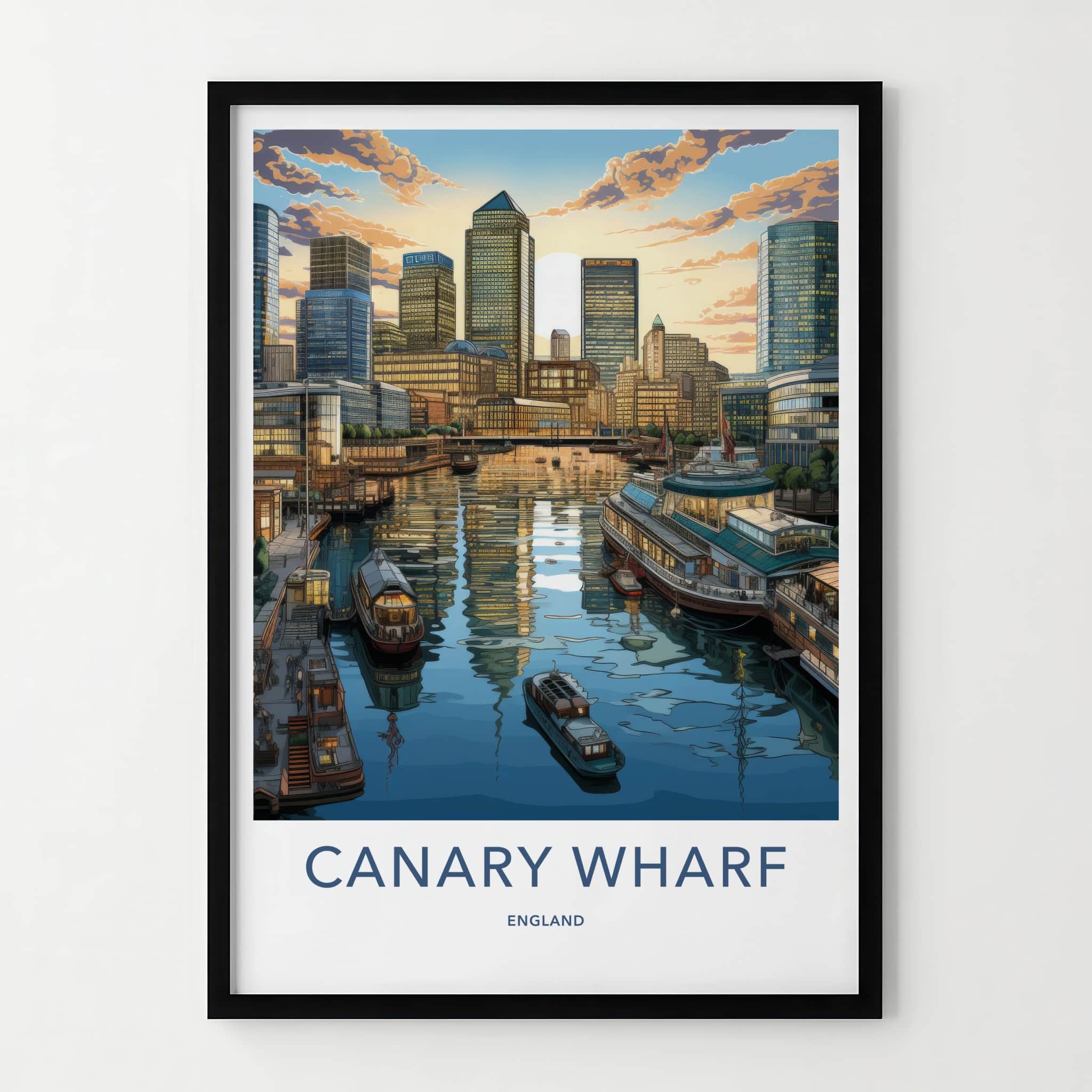 Canary Wharf Poster - England Travel Art - Waterfront Sunset Skyline Wall Decor