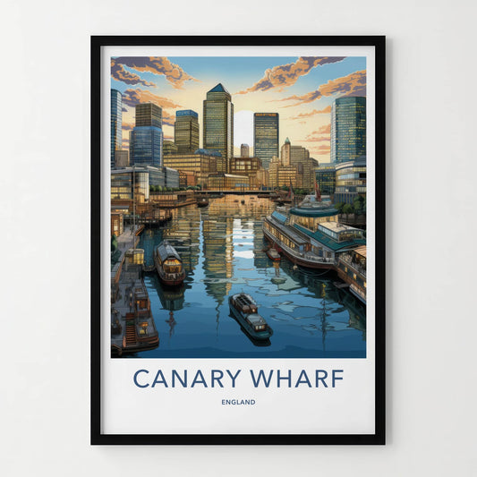 Canary Wharf Poster - England Travel Art - Waterfront Sunset Skyline Wall Decor