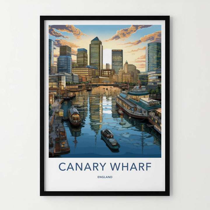 Canary Wharf Poster - England Travel Art - Waterfront Sunset Skyline Wall Decor