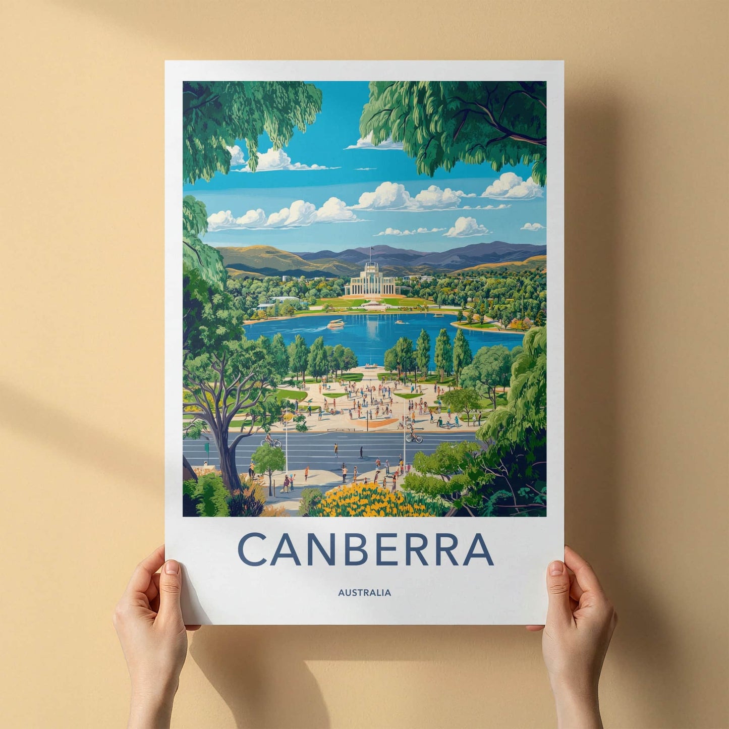 Canberra Poster - Australia Travel Art - Iconic Lakeside Building Home Decor