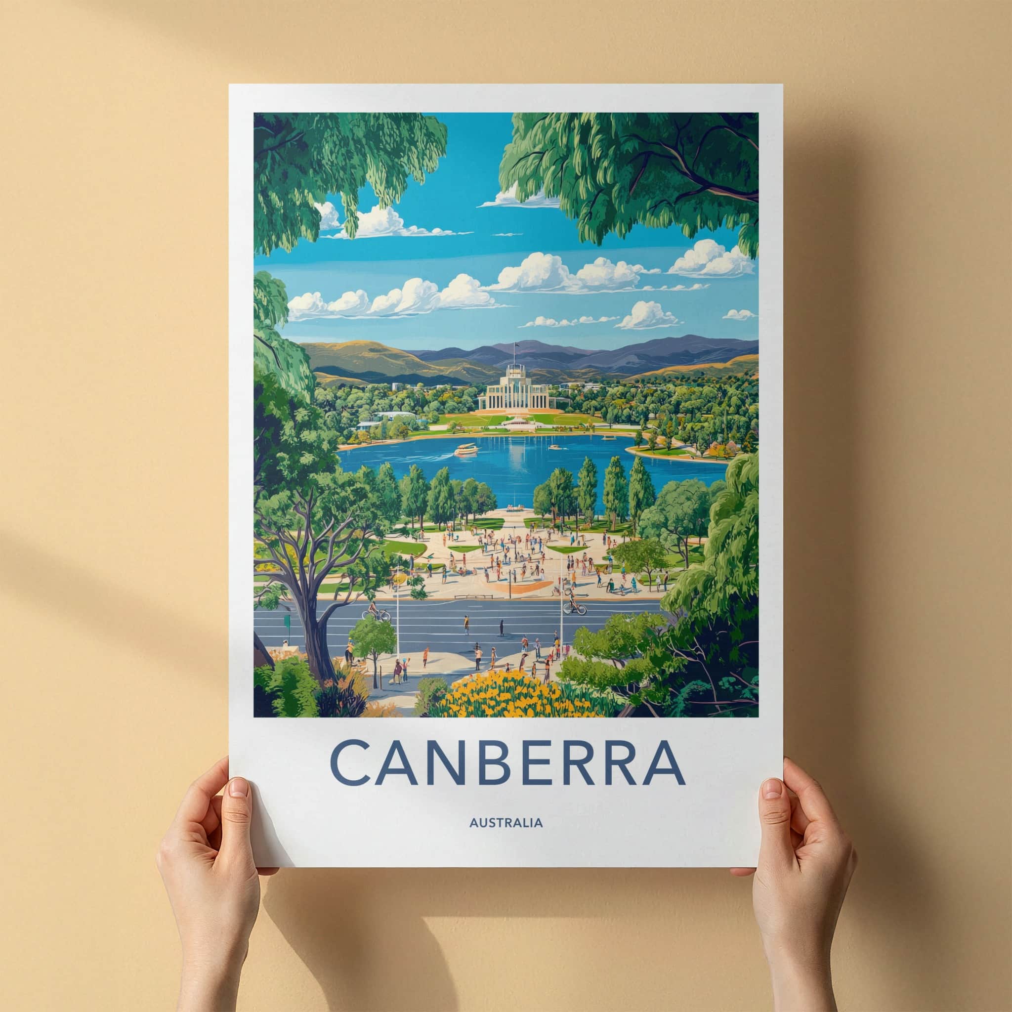 Canberra Poster - Australia Travel Art - Iconic Lakeside Building Home Decor