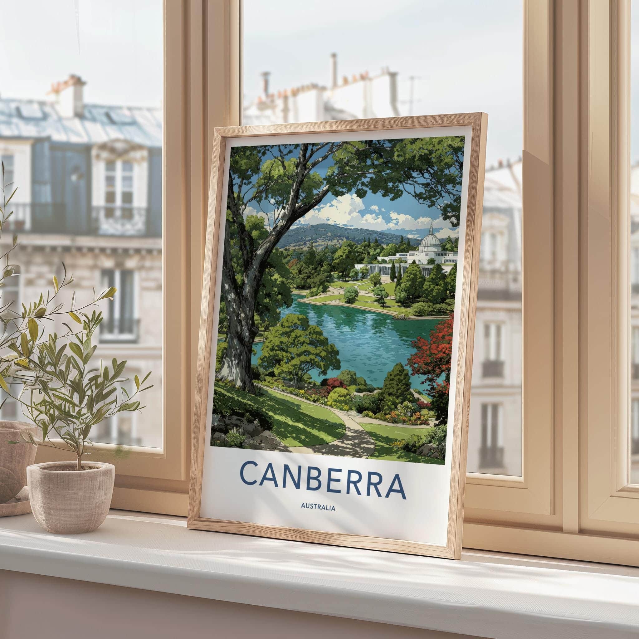 Canberra Poster - Australia Travel Art - Lakeside landmark view Home Decor