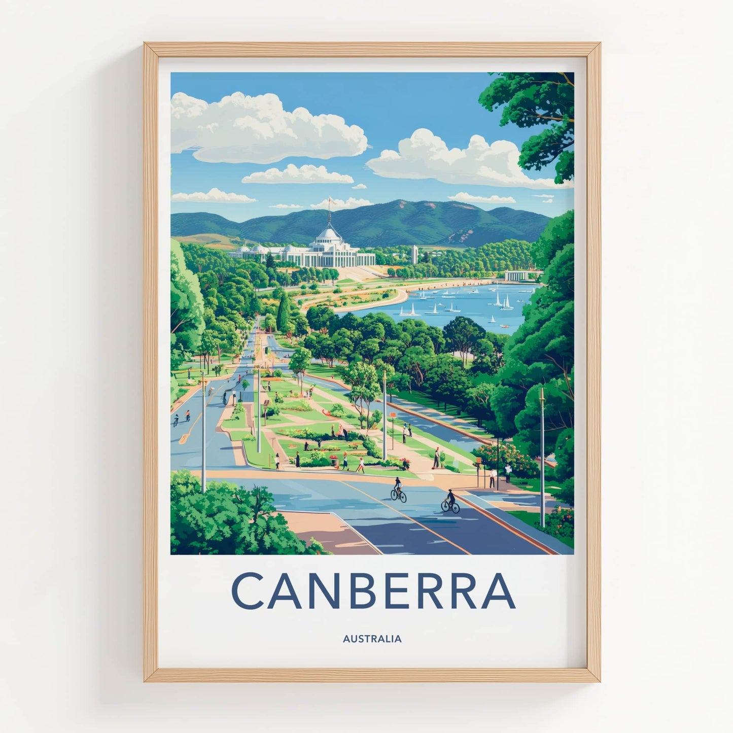 Canberra Poster - Australia Travel Art - Parliament Lake Boats Home Decor
