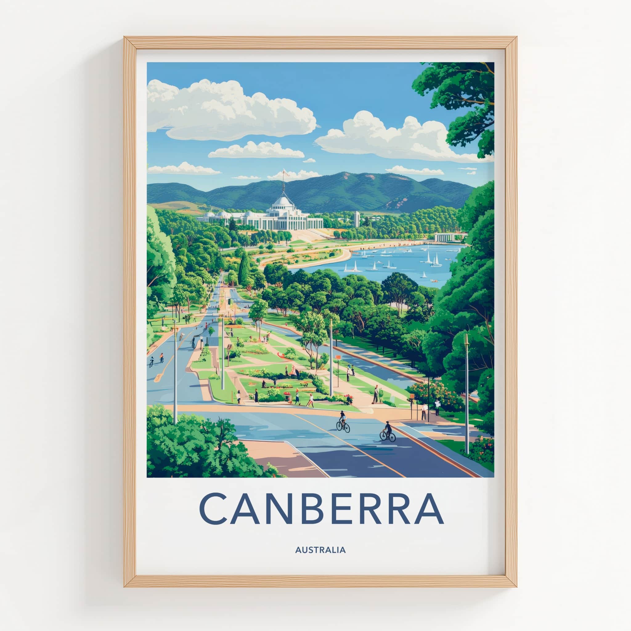 Canberra Poster - Australia Travel Art - Parliament Lake Boats Home Decor