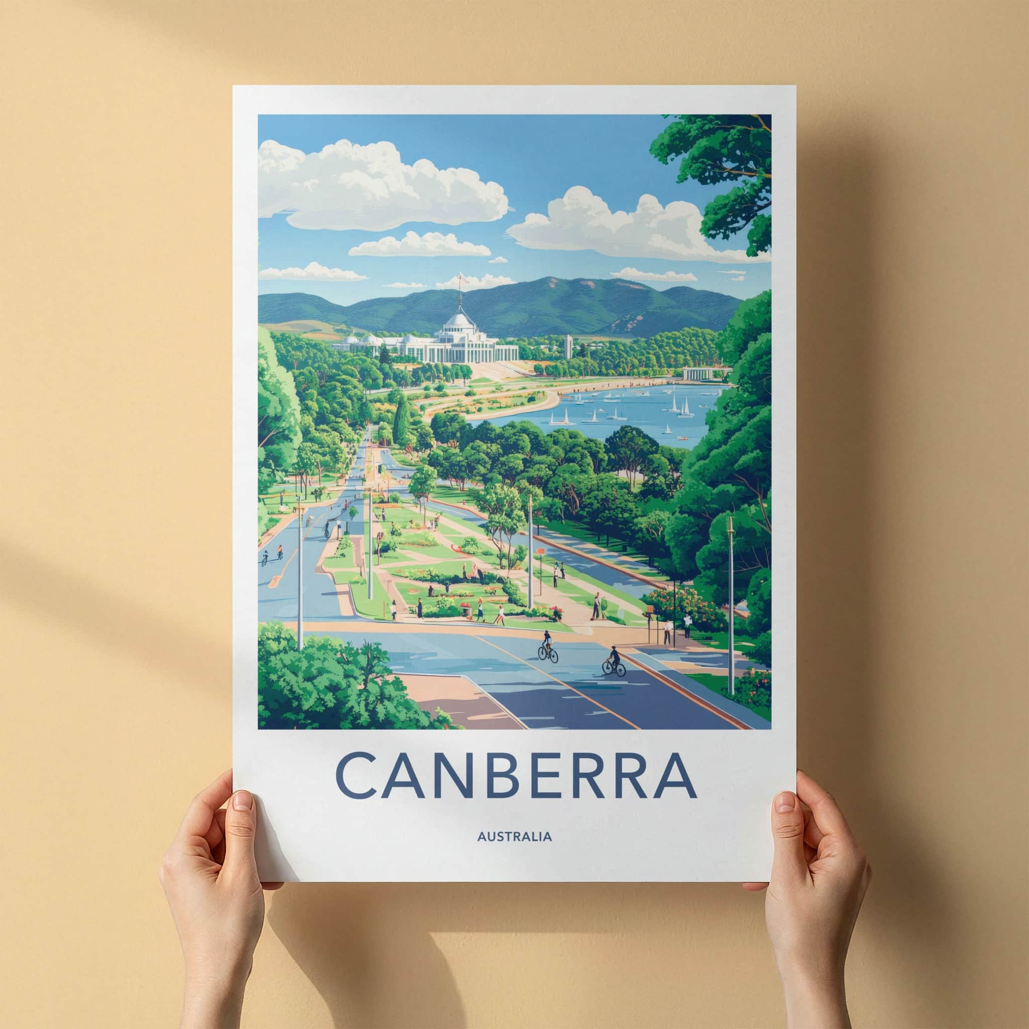 Canberra Poster - Australia Travel Art - Parliament Lake Boats Home Decor