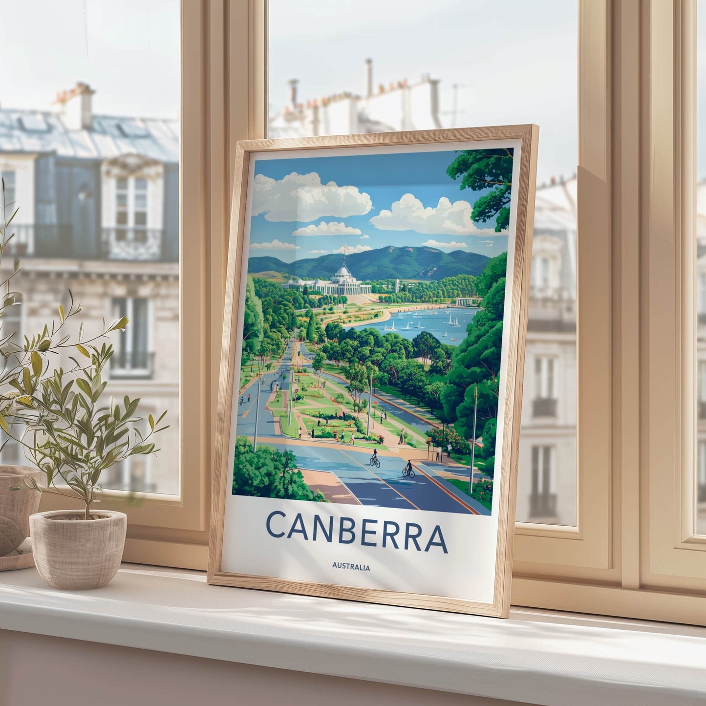 Canberra Poster - Australia Travel Art - Parliament Lake Boats Home Decor