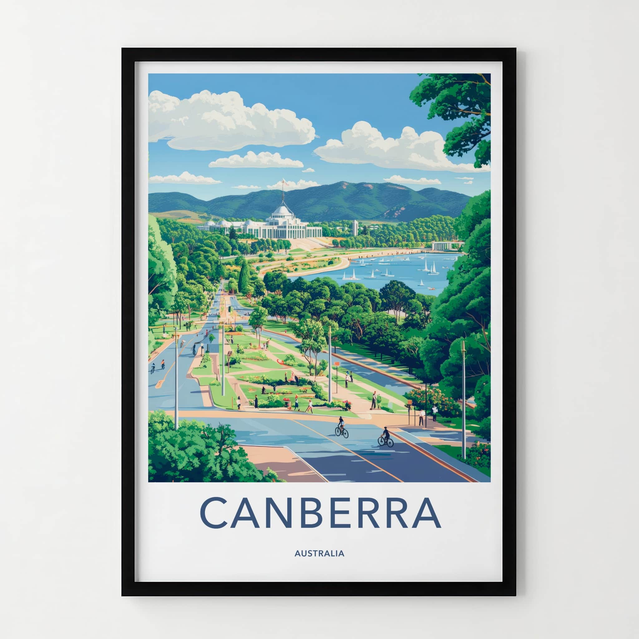 Canberra Poster - Australia Travel Art - Parliament Lake Boats Home Decor