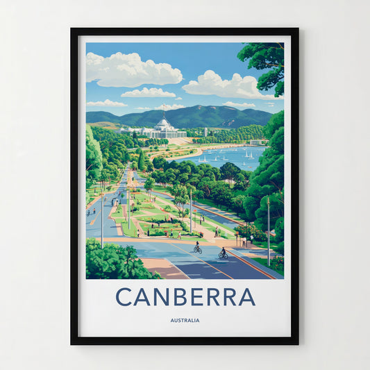 Canberra Poster - Australia Travel Art - Parliament Lake Boats Home Decor