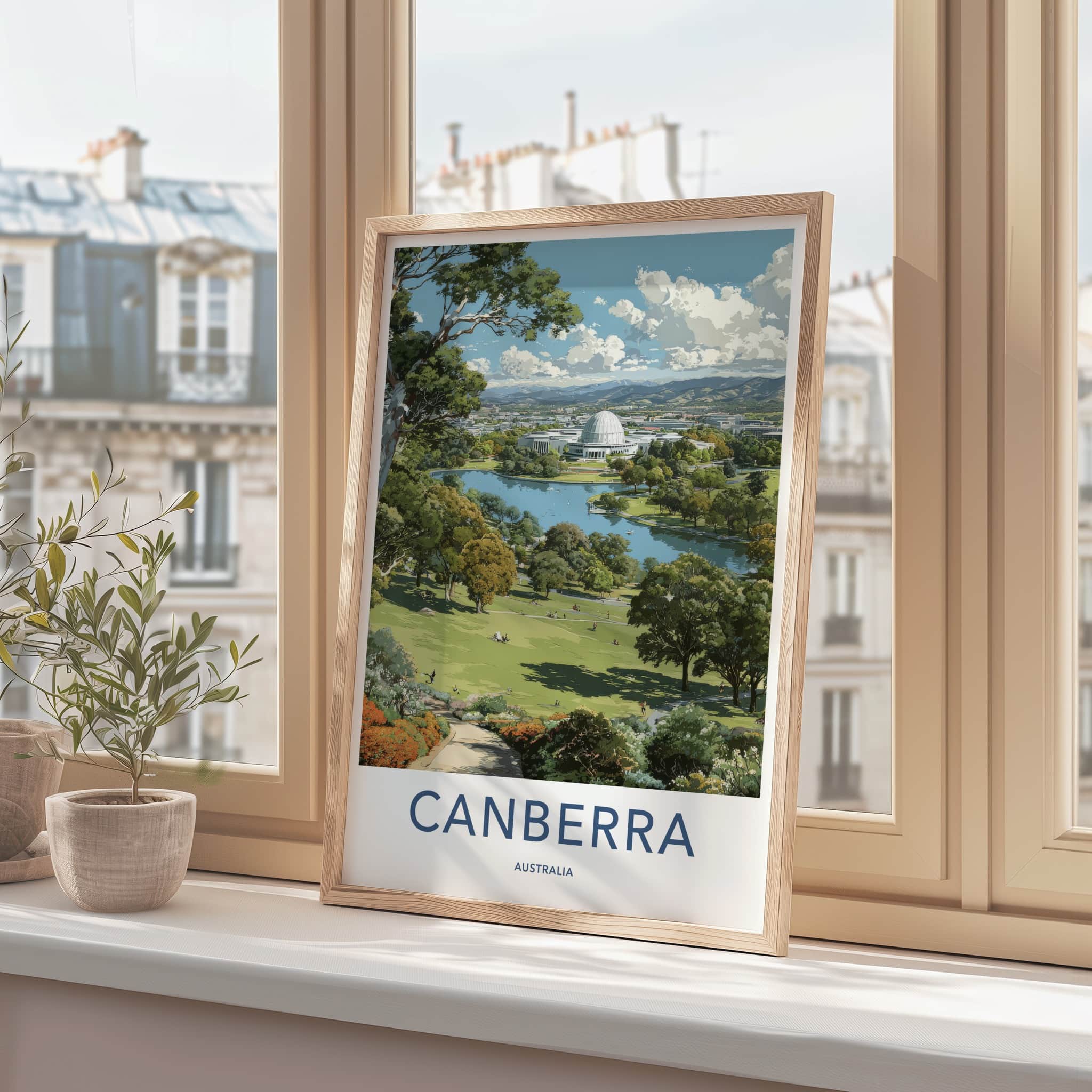 Canberra Poster - Australia Travel Art - Parliament Lake Building Home Decor
