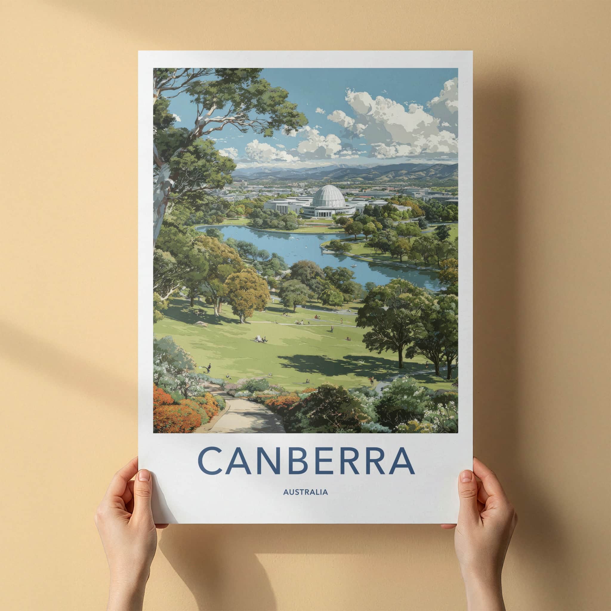 Canberra Poster - Australia Travel Art - Parliament Lake Building Home Decor