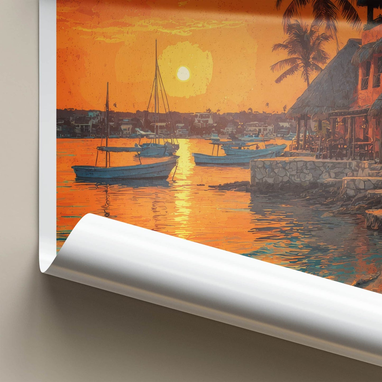 Cancun Poster Mexico Boats Coastal Sunset Art Print Home Decor